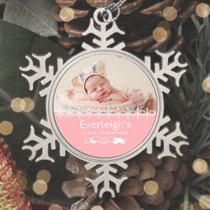 Foto van Roze Baby's eerste kerstcadeau Tin Sneeuwvlok Ornament