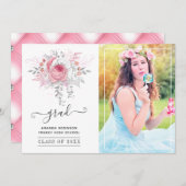 Foto van roze en zilver Floral Afstuderen Aankondiging (Voorkant / Achterkant)