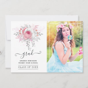 Foto van roze en zilver Floral Afstuderen Aankondiging