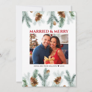 Foto van Rustic Married en Merry Pine Cones Feestdagenkaart