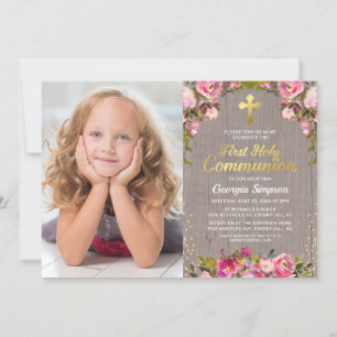 Foto van Rustic Pink Floral First Heilige Communie Kaart