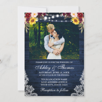 Foto van Rustic Wedding Floral Blue Wood Lights Kaart