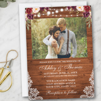 Foto van Rustic Wedding Floral Wood Lights Kaart