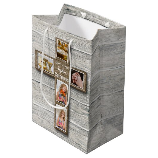 Foto van Rustic Wood Cross First Medium Cadeauzakje (Voorkant Gekanteld)