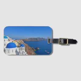 Foto van Santorini Greece Blue Domed Church Bagagelabel