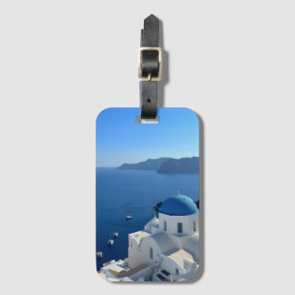 Foto van Santorini Greece Blue Domed Church Bagagelabel