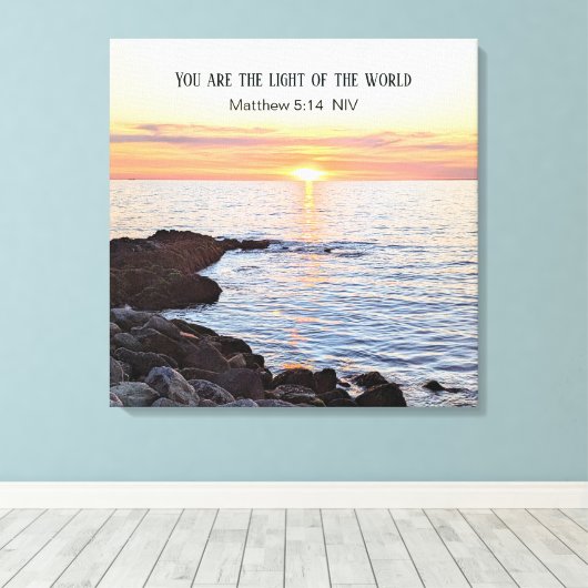 Foto van Sunset on Ocean Bible Verse Canvas Afdruk (Insitu (Houten vloer))