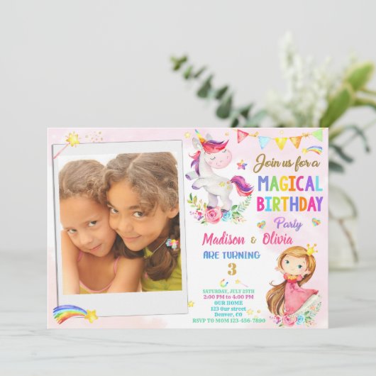 Foto van Unicorn en Princess verjaardaguitnodiging Kaart (Staand voorkant)