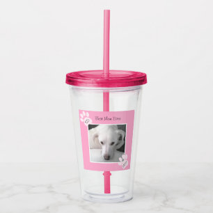 Foto van unieke witte dog monogram roze poten acryl drinkbeker