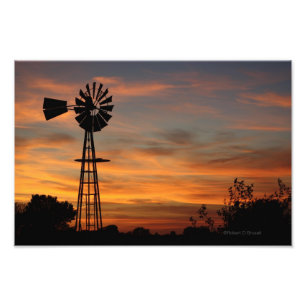 Foto van Windmill Silhouette Sunset Afdruk