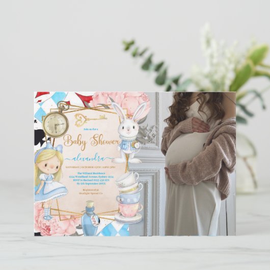 Foto Verhaal Boek Alice in Wonderland Baby shower Kaart (Staand voorkant)