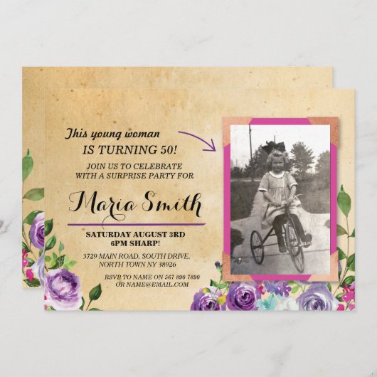 Foto Verjaardag Bloemen Rustiek Paarse Uitnodigen Kaart (Voorkant / Achterkant)