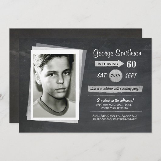 Foto Verjaardag Zilver Zwart Wit Uitnodigen Kaart (Voorkant / Achterkant)