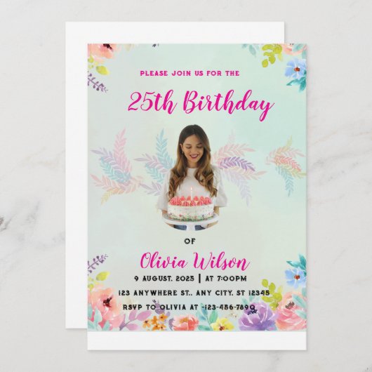 Foto Verjaardagsuitnodiging – Bewerkbare Sjabloon Kaart (Voorkant / Achterkant)