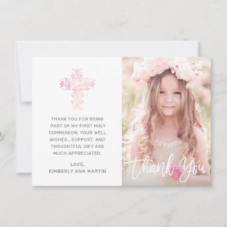 Foto voor eerste communiqué met roze flessenkruis bedankkaart