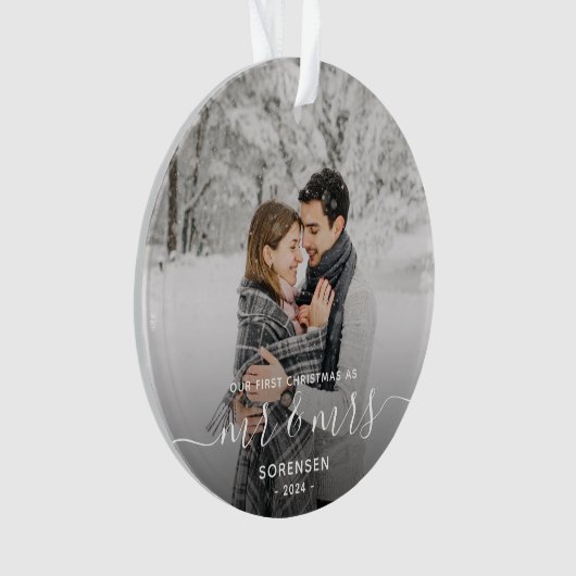Foto voor het eerst met Kerstmis gehuwd wit script Ornament (voorkant)