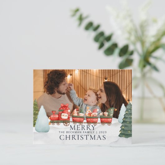Foto Vrachtwagen Gnomen Winter Sneeuw Vrolijk Kers Feestdagenkaart (Staand voorkant)