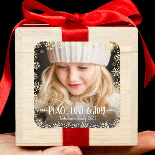 Foto Vrede Liefde Vreugde Elegant Goud Sneeuwvlok Vierkante Sticker