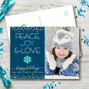 Foto Vrede Vreugde Liefde Sneeuwvlok Marineblauw E Folie Feestdagen Briefkaart