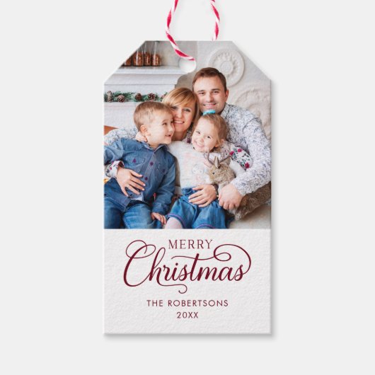 Foto Vrolijk Kerstfeest Waterverf Botanisch Cadeaulabel (Voorkant)