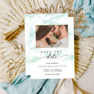 Foto, Waterverf blauw, turquoise en groen Save The Date