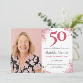 Foto Waterverf Floral Pink 50th Birthday Party Kaart (Staand voorkant)