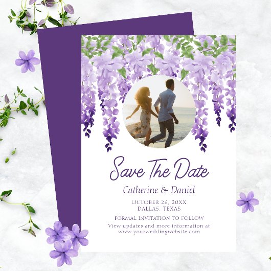 Foto Waterverf Wisteria Floral Script Wedding Save The Date