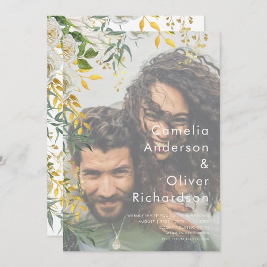 FOTO WEDDING INVITATION Greenery Gold LeahG Kaart (Voorkant / Achterkant)