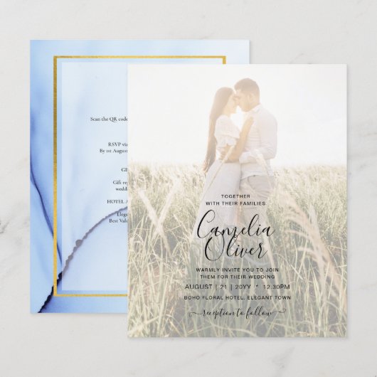 FOTO WEDDING INVITATION Navy Blue Gold INK LeahG (Voorkant / Achterkant)