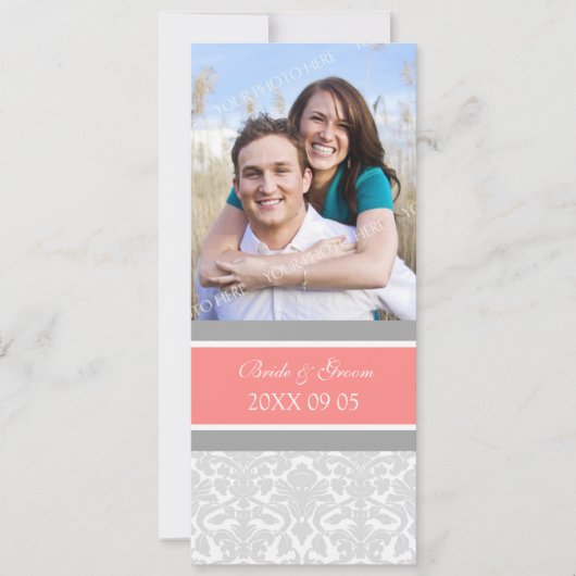 Foto Wedding Invitations Coral Grey Damask Kaart (Voorkant)