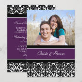Foto Wedding Invitations Plum Black Damask Kaart (Voorkant / Achterkant)