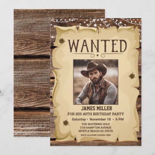 Foto Western Funny Wanted Poster 40th Birthday Kaart (Voorkant / Achterkant)