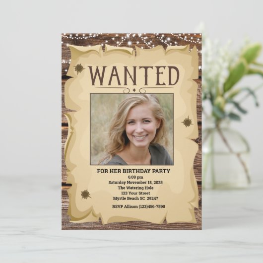 Foto Western Funny Wanted Poster Birthday Party Kaart (Staand voorkant)