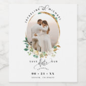 Foto, Wit Goud Bloemen, Bruiloft Save the Date Wi Wijn Etiket (Enkel label)