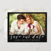 Foto Wit Script op Black Wedding Save the Date Aankondigingskaart (Voorkant / Achterkant)