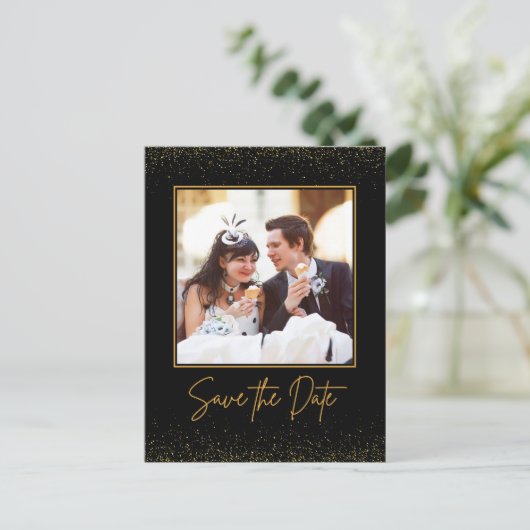 Foto Zwart en Goud Bruiloft Save the Date Briefkaart (Staand voorkant)