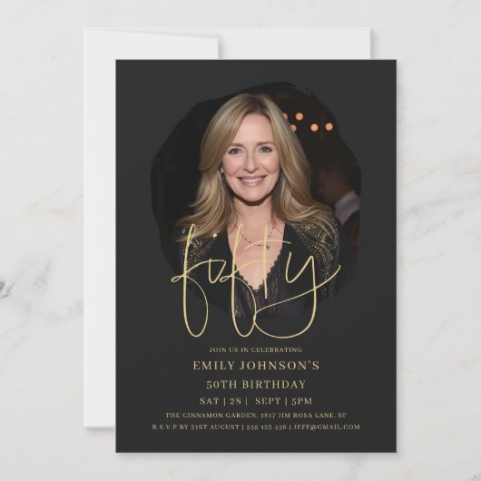 Foto Zwart en Goud Script 50e verjaardag Kaart (Voorkant)