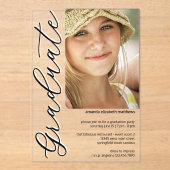 Foto Zwart N Wit Girly Script Afstudeerfeest Acryl Uitnodigingen (Voorkant)