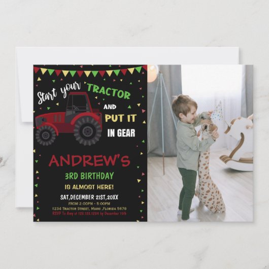 Foto Zwart Rood Tractor Verjaardag Uitnodigingen (Voorkant)