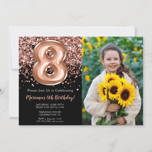 Foto Zwart Roos Goud Glitter 8e Verjaardag Kaart (Voorkant)