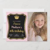 Foto Zwart Roze Framekroon Prinses Uitnodigingen (Voorkant)