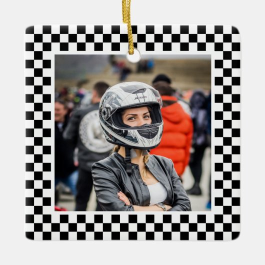 Foto: zwarte en witte cheques keramisch ornament (Voorkant)