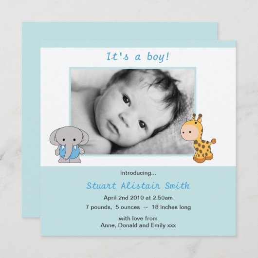 Fotoaankondiging Cute Animal Blue Baby Aankondiging (Voorkant / Achterkant)