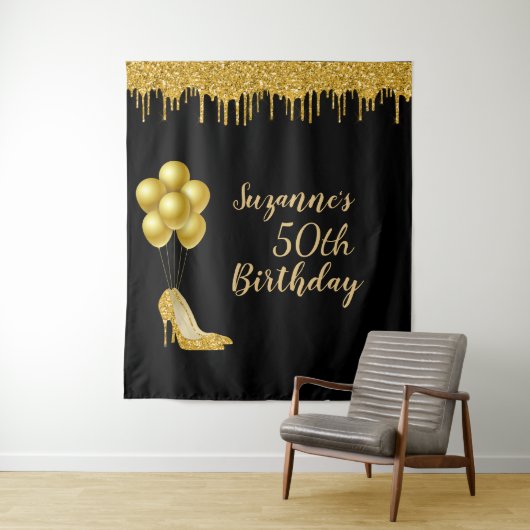 Fotobackdrop 50ste verjaardagsfeest Gouden Glitter Wandkleed (In situ)