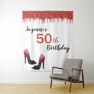 Fotobackdrop 50ste verjaardagsfeest Rood Glitters Wandkleed