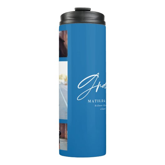 Fotoblauw afstuderen script modern elegant thermosbeker (Voorkant)