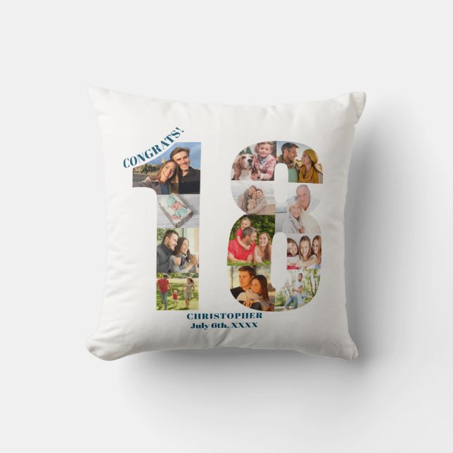 Fotocollage 18e verjaardag gepersonaliseerde aande kussen (Voorkant)