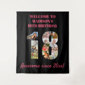 Fotocollage 18e verjaardag Roze Zwarte Achtergrond Wandkleed (Voorkant)