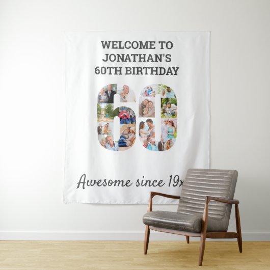 Fotocollage achtergrond voor 60e verjaardagsfeestj wandkleed (In situ)