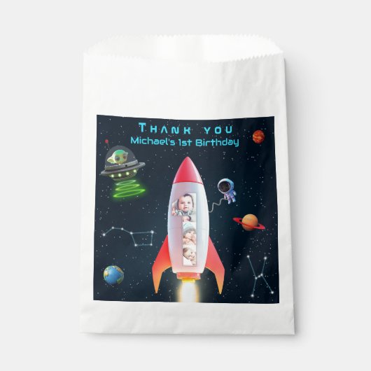 Fotocollage enorm | 1e verjaardag Rocket Space Bedankzakje (Voorkant)